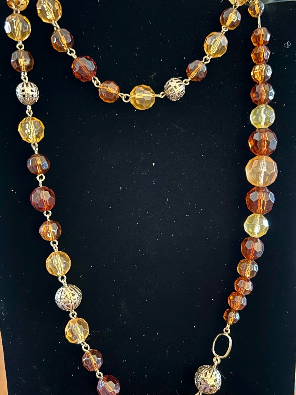 Vintage Monet Beaded 32-Inch Necklace featuring warm, honey-gold, amber beads